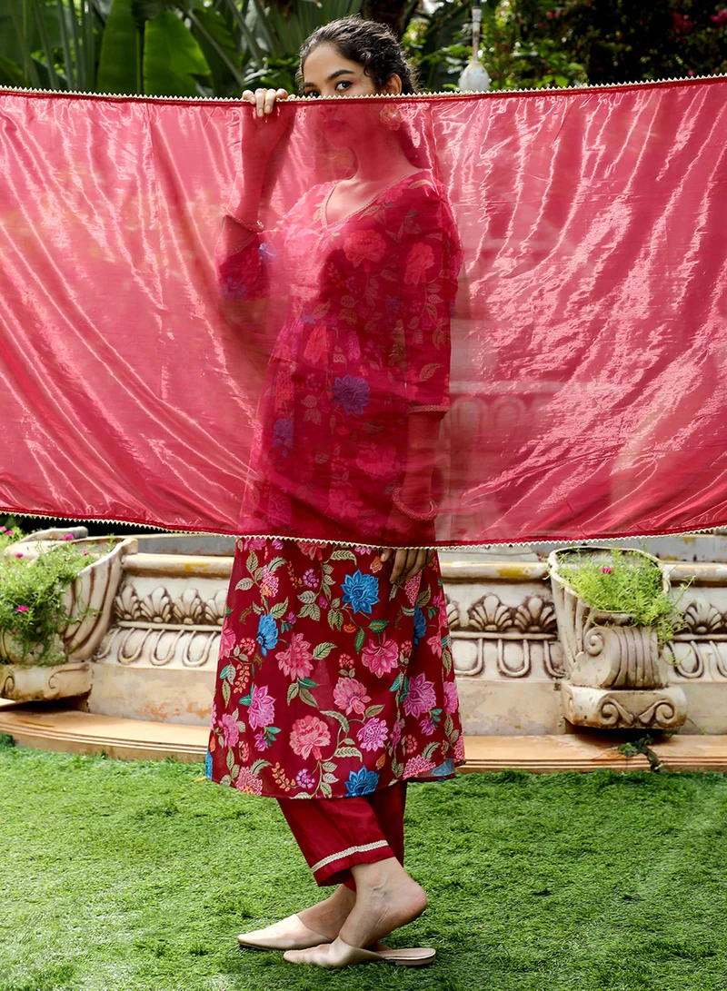 Qissa  Women's Crimson Red Flora Cluster Kurta With Trousers And Dupatta For Casual Wear | V-Neck | Quarter Sleeve | 3 Piece Kurta Set Designed With Comfort Fit For Everyday Ethnic Wear for Women | Best Price UAE